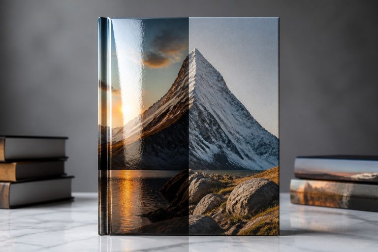 Matte vs glossy lamination on a book cover - split comparison of glossy reflective and matte finish surfaces
