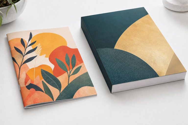 Saddle stitch vs perfect binding: thin stapled booklet beside thick perfect bound paperback