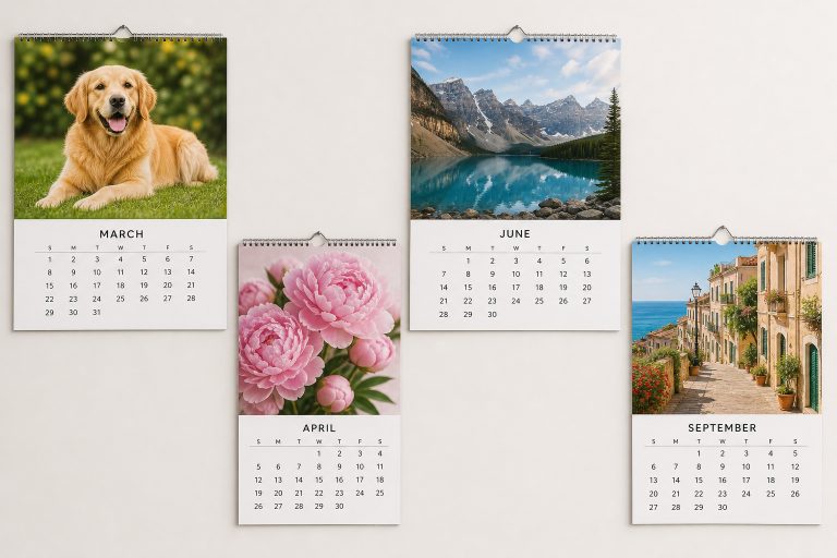 Wall calendars with MARCH JUNE APRIL and SEPTEMBER date grids hung on a wall - bulk wall calendar printing