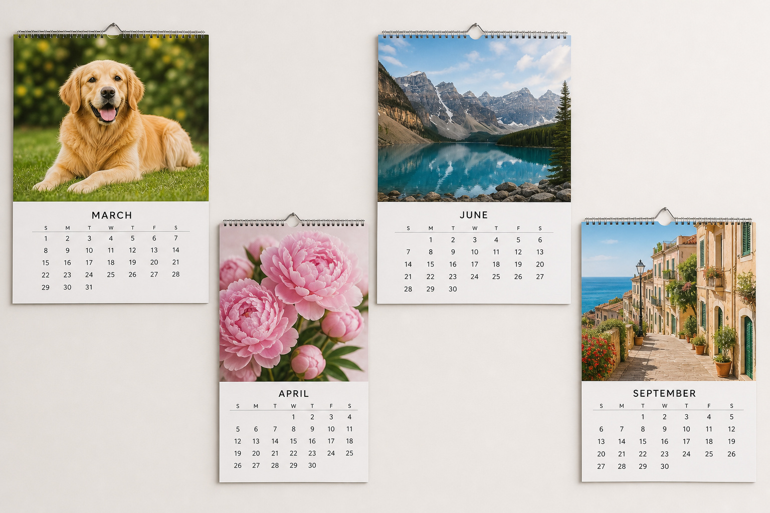 Wall calendars with MARCH JUNE APRIL and SEPTEMBER date grids hung on a wall - bulk wall calendar printing