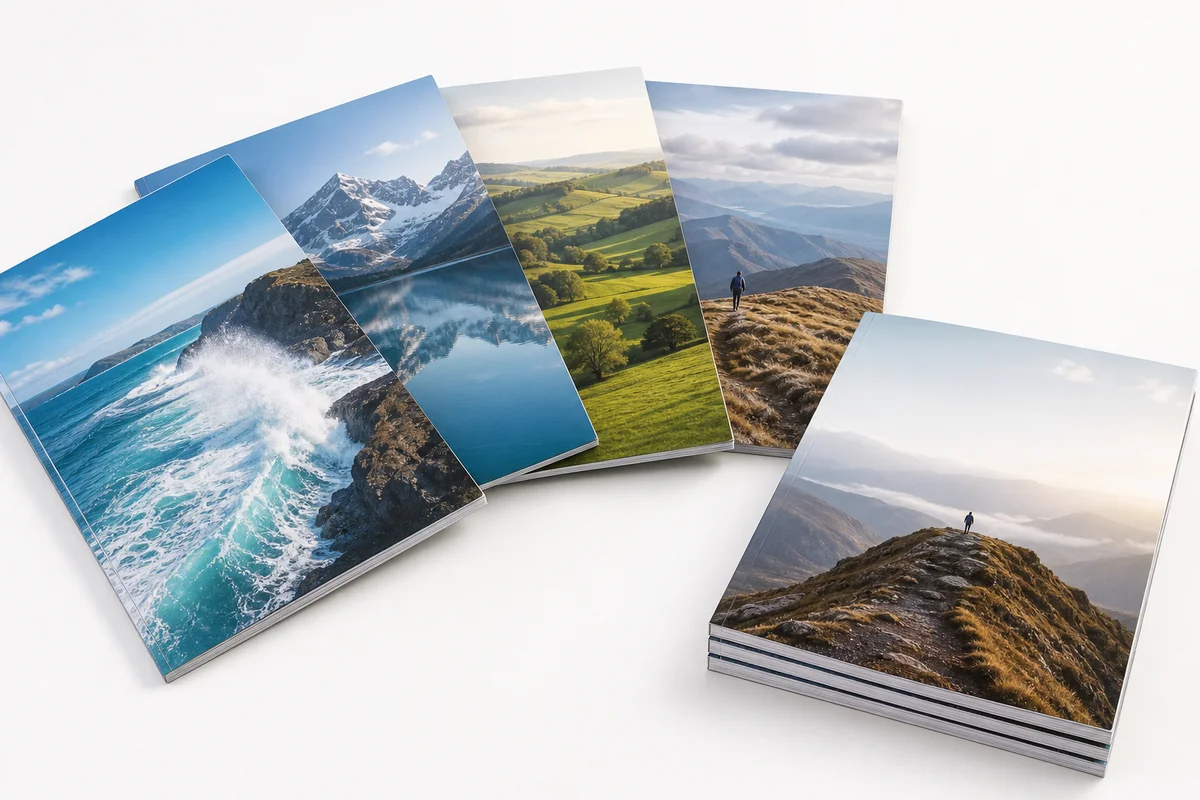 Printed magazines with photographic covers fanned out on a clean worktable - magazine printing MOQ