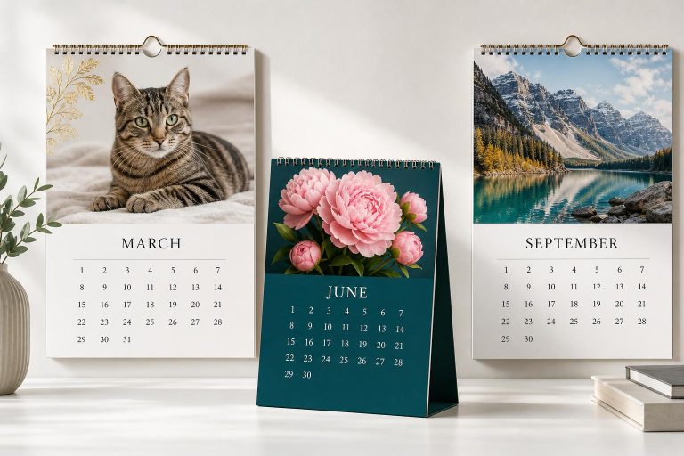 Promotional calendar printing: foil stamped wall calendar and spot colour desk calendar on display